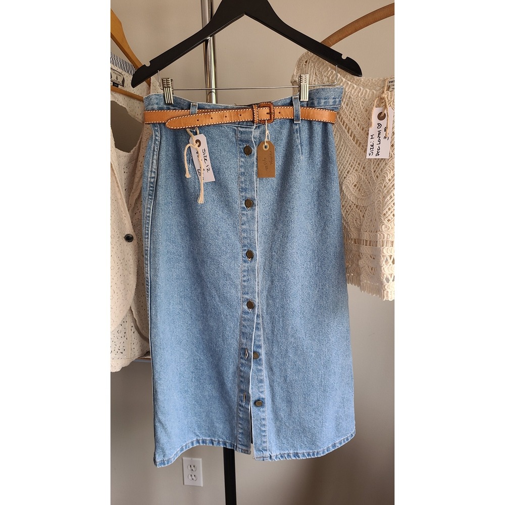 Vintage Light Wash Denim Midi Skirt Button Front High Waisted Size 14 VIPETITES